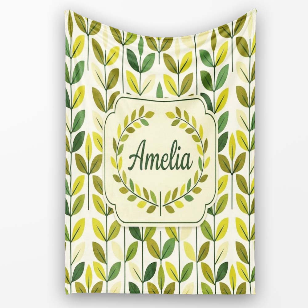 Fresh Green Yellow Leaf Botanical Nature Pattern Seamless Custom Personalised Custom Name Super Soft Fleece Blanket Bed Sofa Throw