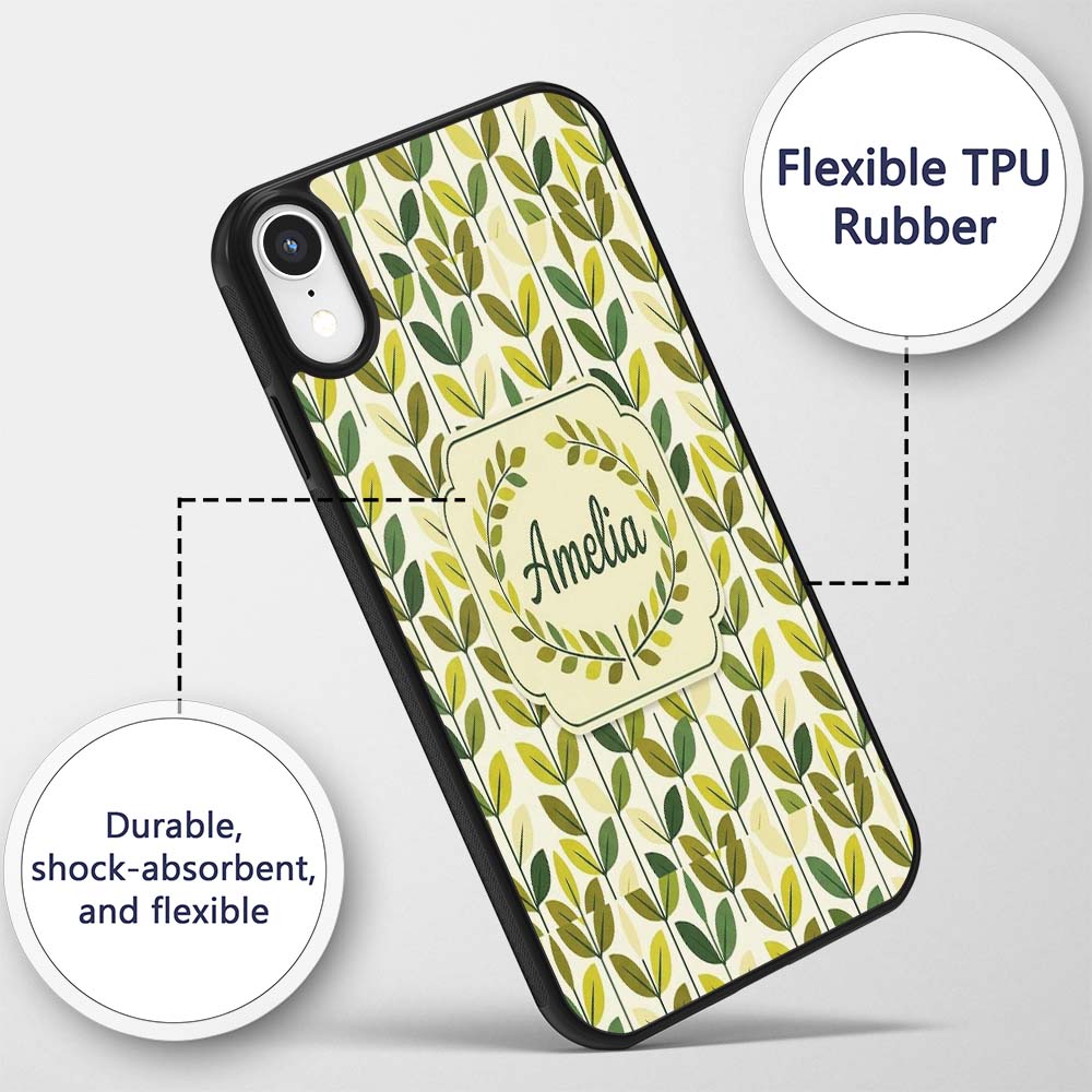Fresh Green Yellow Leaf Botanical Nature Pattern Custom Name Protective Phone Case Mobile Cover Durable Everyday Smartphone Shock Resistant