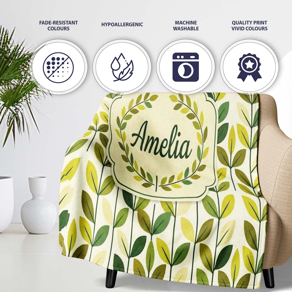 Fresh Green Yellow Leaf Botanical Nature Pattern Seamless Custom Personalised Custom Name Super Soft Fleece Blanket Bed Sofa Throw