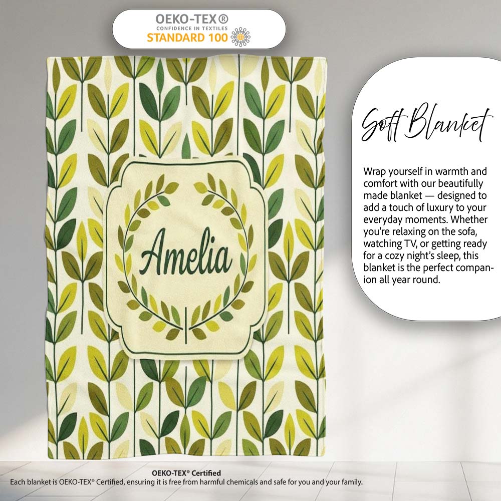Fresh Green Yellow Leaf Botanical Nature Pattern Seamless Custom Personalised Custom Name Super Soft Fleece Blanket Bed Sofa Throw