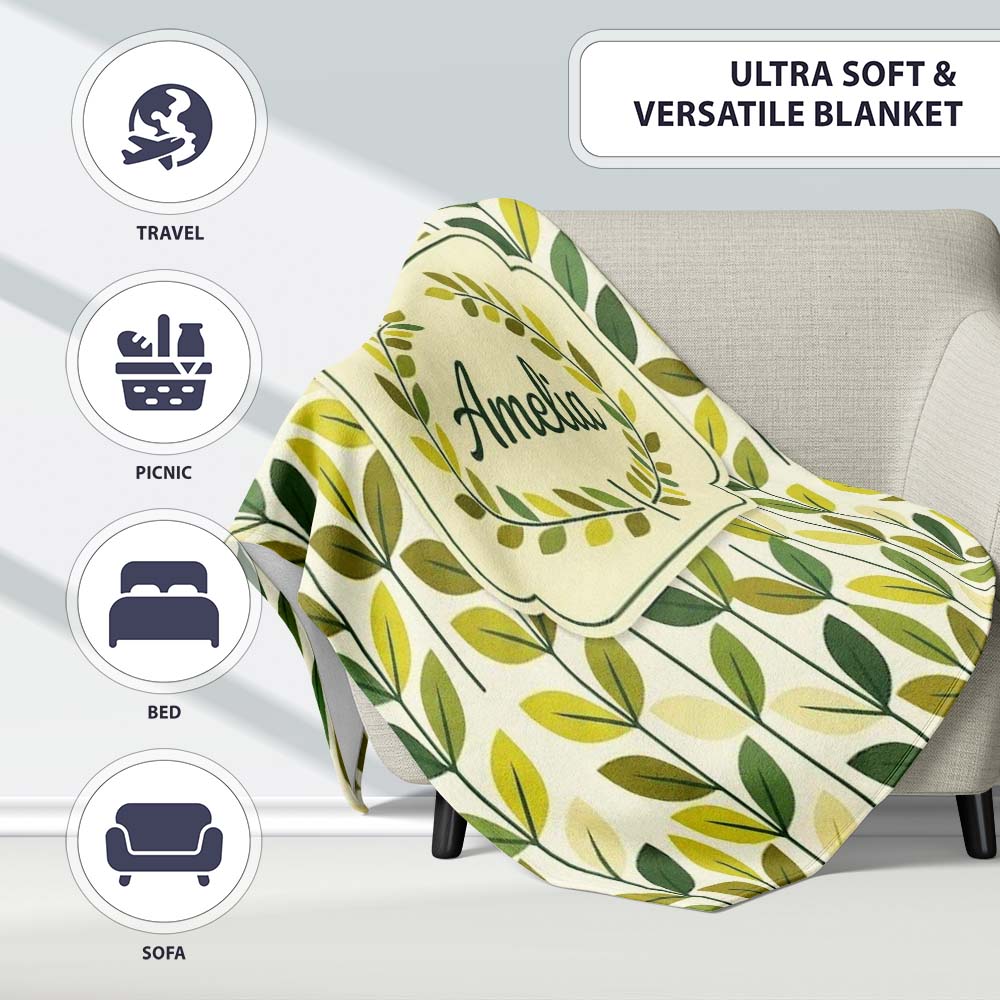Fresh Green Yellow Leaf Botanical Nature Pattern Seamless Custom Personalised Custom Name Super Soft Fleece Blanket Bed Sofa Throw