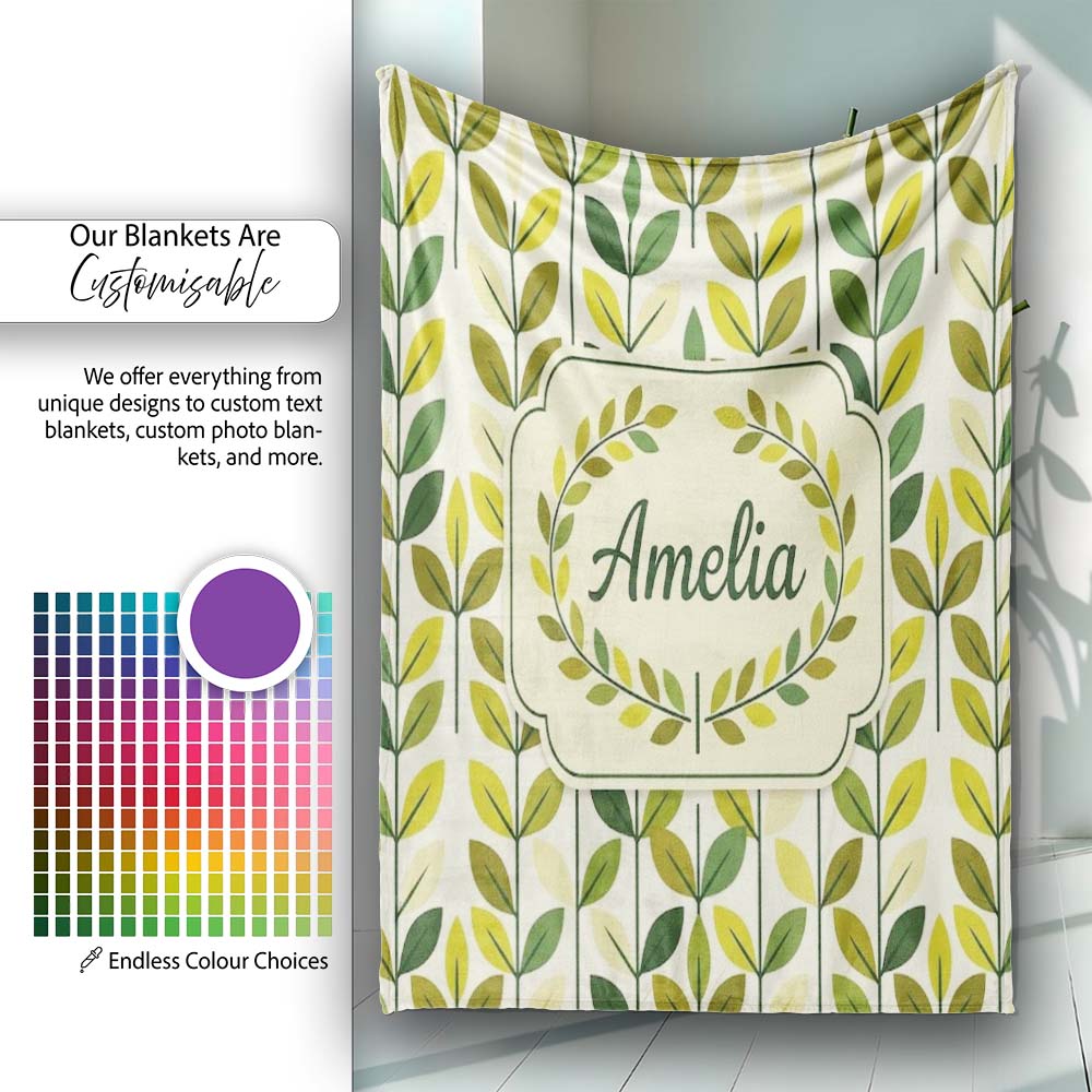 Fresh Green Yellow Leaf Botanical Nature Pattern Seamless Custom Personalised Custom Name Super Soft Fleece Blanket Bed Sofa Throw