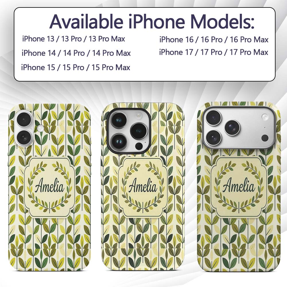 Fresh Green Yellow Leaf Botanical Nature Pattern Custom Name Protective Phone Case Mobile Cover Durable Everyday Smartphone Shock Resistant