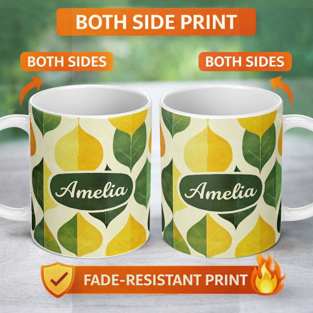 Personalized Custom Name Vintage Leaf Botanical Texture Nature Inspired Pattern Seamless 11oz Ceramic Coffee Tea Mug White Large Handle