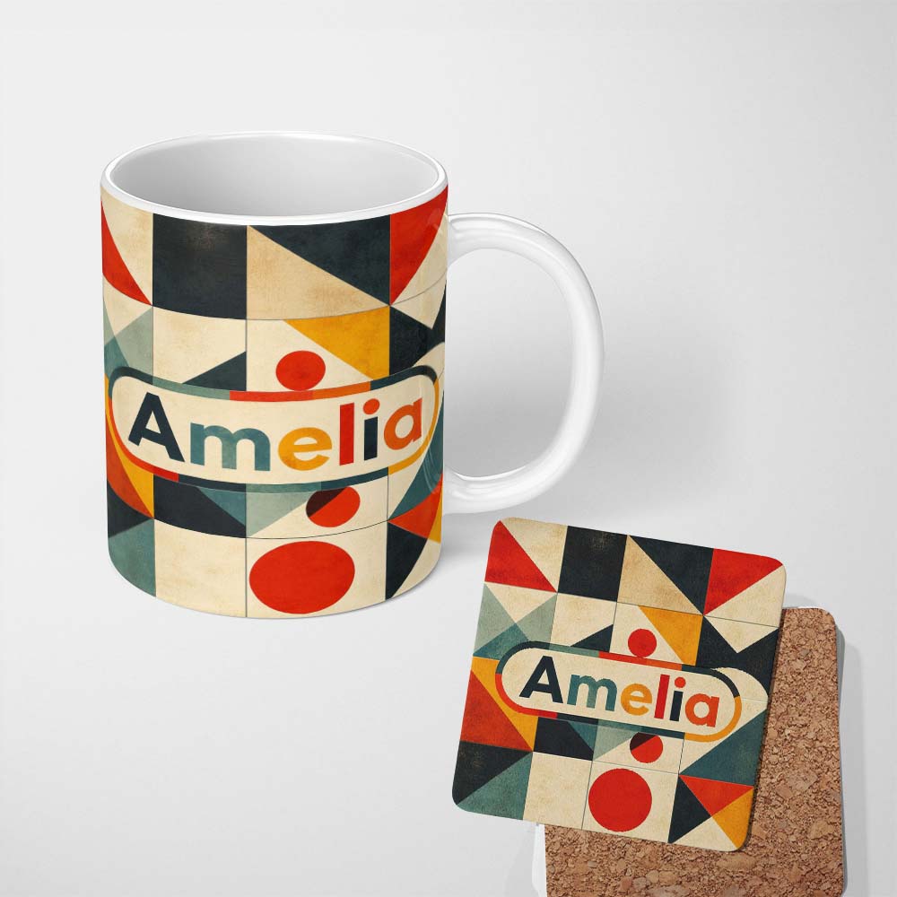 Personalized Custom Name Mid Century Triangle Geometric Abstract Pattern Seamless Name Cute 11oz Ceramic Coffee Tea Mug White Large Handle
