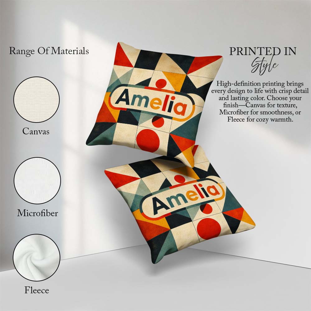 Custom Name Mid Century Triangle Geometric Abstract Pattern Name Square Filled Cushion Throw Pillow Sofa Bed Home Decor Zip Washable UK Made