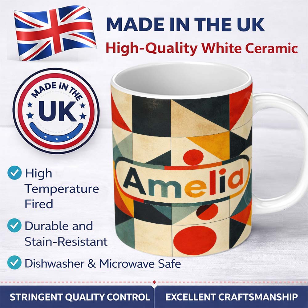 Personalized Custom Name Mid Century Triangle Geometric Abstract Pattern Seamless Name Cute 11oz Ceramic Coffee Tea Mug White Large Handle