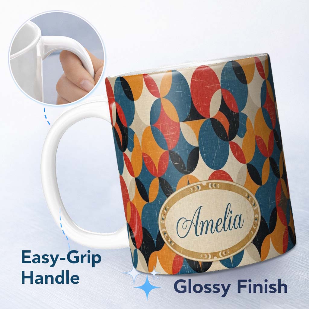 Personalized Custom Name Textured Abstract Rounded Shapes Pattern Seamless Name Cute Unique 11oz Ceramic Coffee Tea Mug White Large Handle