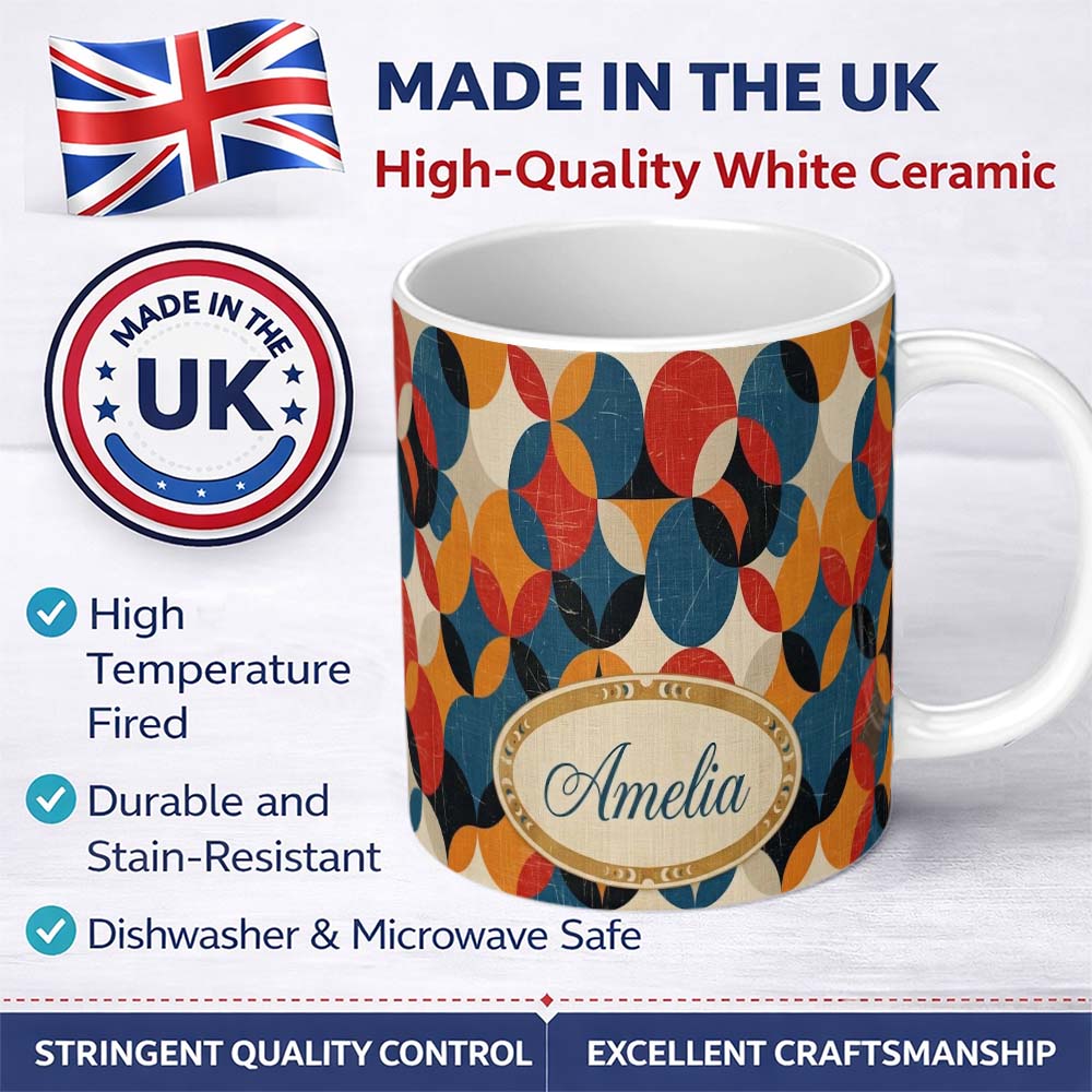 Personalized Custom Name Textured Abstract Rounded Shapes Pattern Seamless Name Cute Unique 11oz Ceramic Coffee Tea Mug White Large Handle