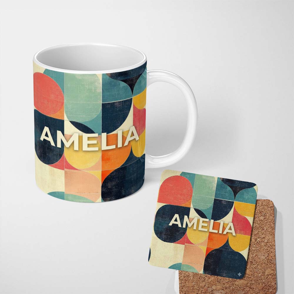 Personalized Custom Name Modern Abstract Geometric Blocks Color Texture Pattern Seamless 11oz Ceramic Coffee Tea Mug White Large Handle