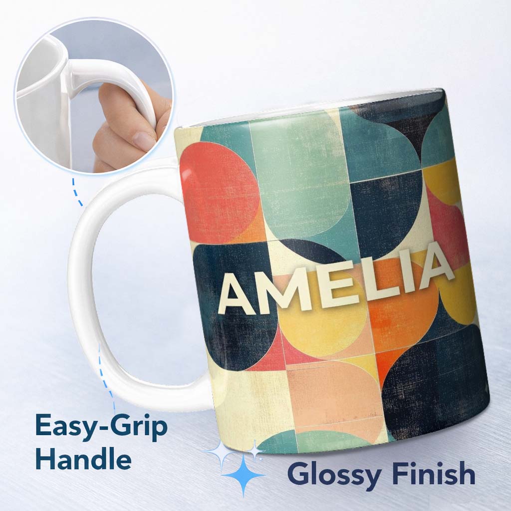 Personalized Custom Name Modern Abstract Geometric Blocks Color Texture Pattern Seamless 11oz Ceramic Coffee Tea Mug White Large Handle