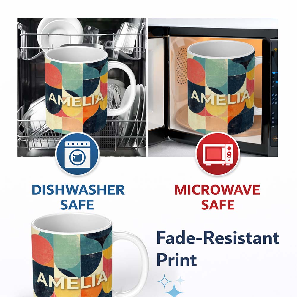Personalized Custom Name Modern Abstract Geometric Blocks Color Texture Pattern Seamless 11oz Ceramic Coffee Tea Mug White Large Handle