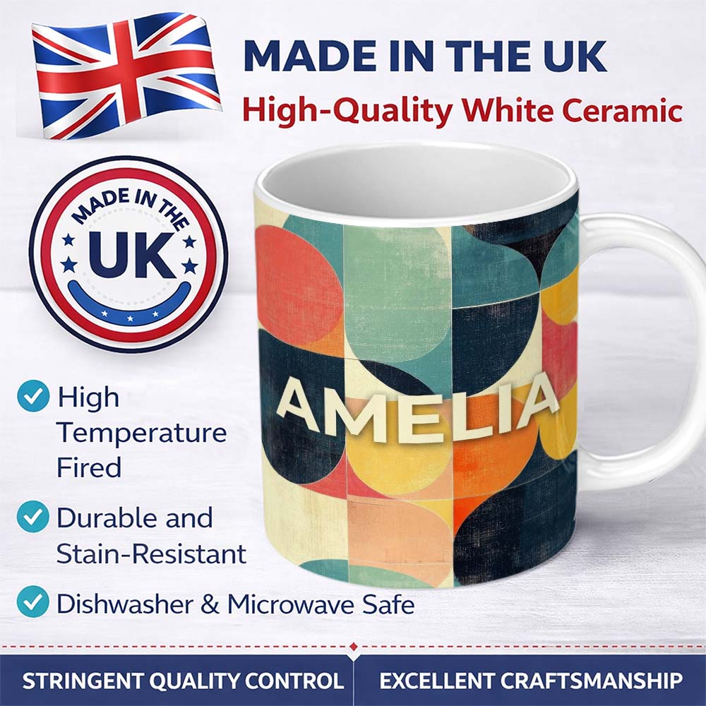 Personalized Custom Name Modern Abstract Geometric Blocks Color Texture Pattern Seamless 11oz Ceramic Coffee Tea Mug White Large Handle