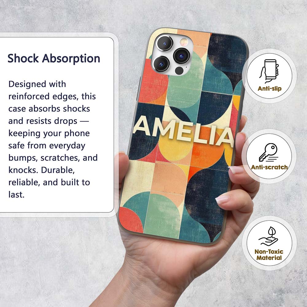 Modern Abstract Geometric Blocks Color Texture Custom Name Protective Phone Case Mobile Cover Durable Everyday Smartphone Shock Resistant