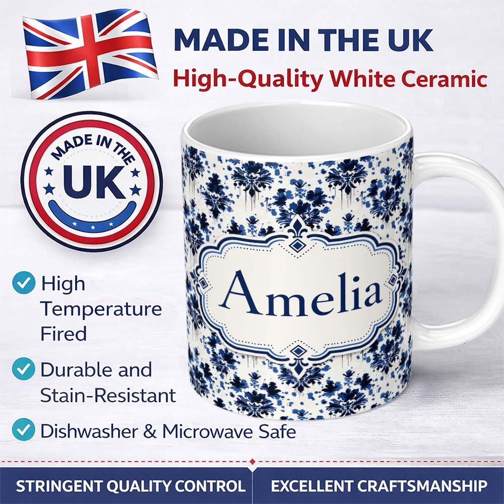Personalized Custom Name Navy Blue Floral Ink Blot Damask Seamless Pattern Cute Unique Gift 11oz Ceramic Coffee Tea Mug White Large Handle
