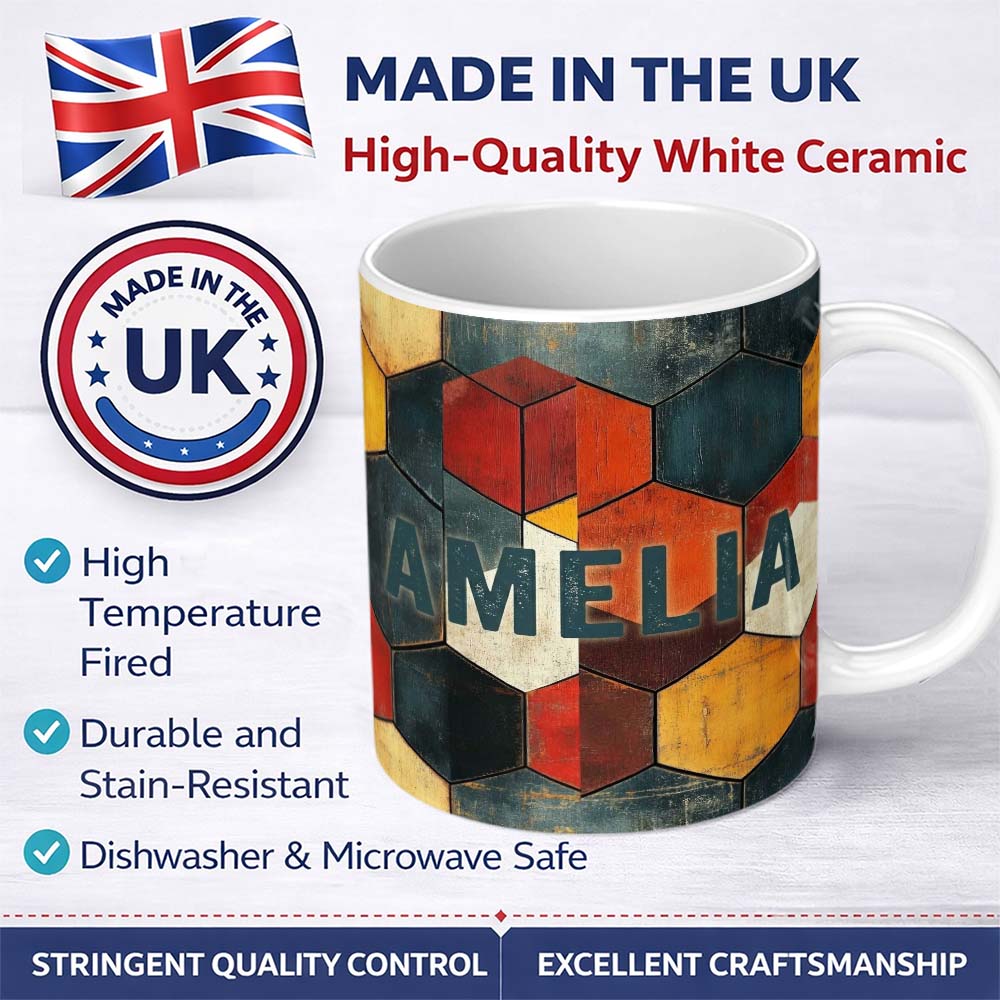 Personalized Custom Name Rustic Hexagon Geometric Texture Pattern Seamless Name Cute Unique 11oz Ceramic Coffee Tea Mug White Large Handle