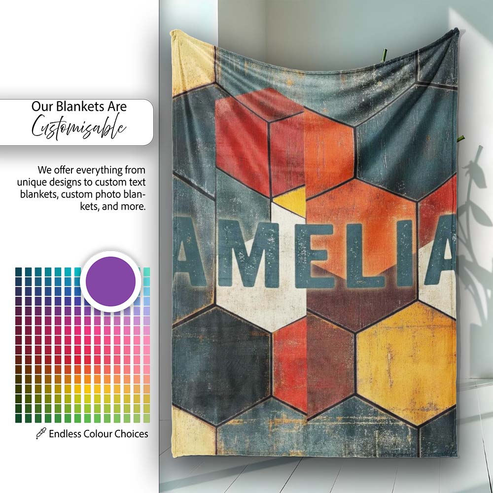 Rustic Hexagon Geometric Texture Pattern Seamless Name Cute Unique Personalised Custom Name Super Soft Fleece Blanket Bed Sofa Throw