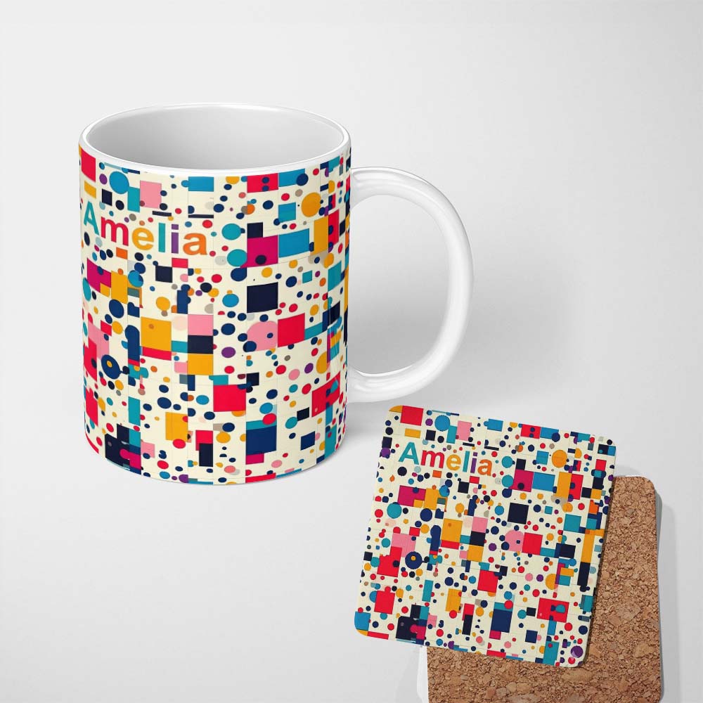 Personalized Custom Name Playful Colorful Geometric Dots and Squares Abstract Pattern 11oz Ceramic Coffee Tea Mug White Large Handle
