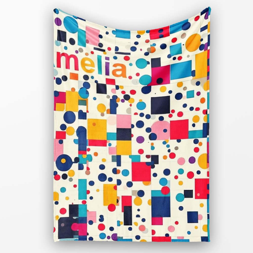 Playful Colorful Geometric Dots and Squares Abstract Pattern Personalised Custom Name Super Soft Fleece Blanket Bed Sofa Throw