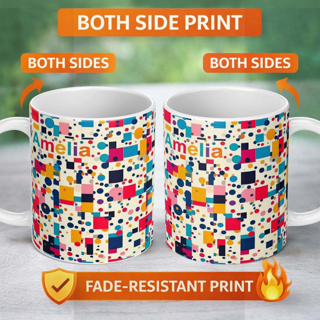 Personalized Custom Name Playful Colorful Geometric Dots and Squares Abstract Pattern 11oz Ceramic Coffee Tea Mug White Large Handle