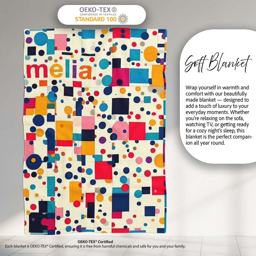Playful Colorful Geometric Dots and Squares Abstract Pattern Personalised Custom Name Super Soft Fleece Blanket Bed Sofa Throw