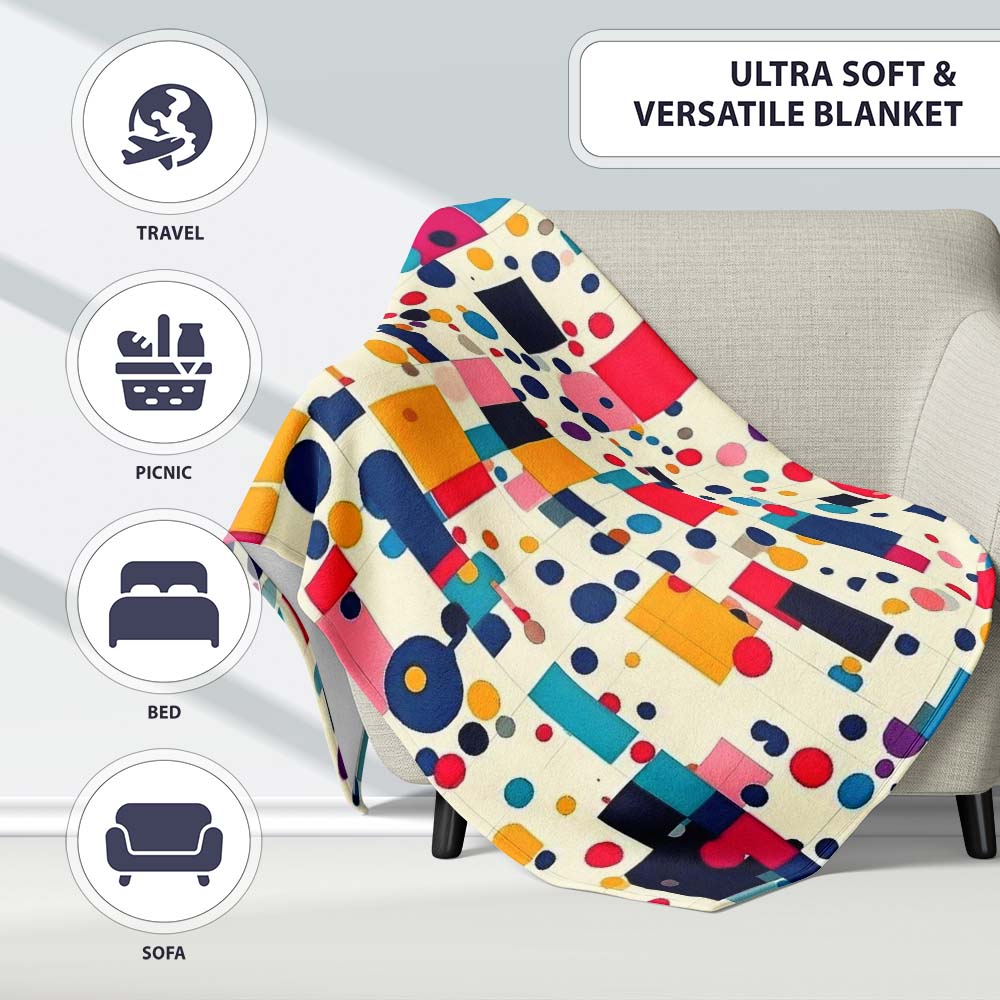Playful Colorful Geometric Dots and Squares Abstract Pattern Personalised Custom Name Super Soft Fleece Blanket Bed Sofa Throw
