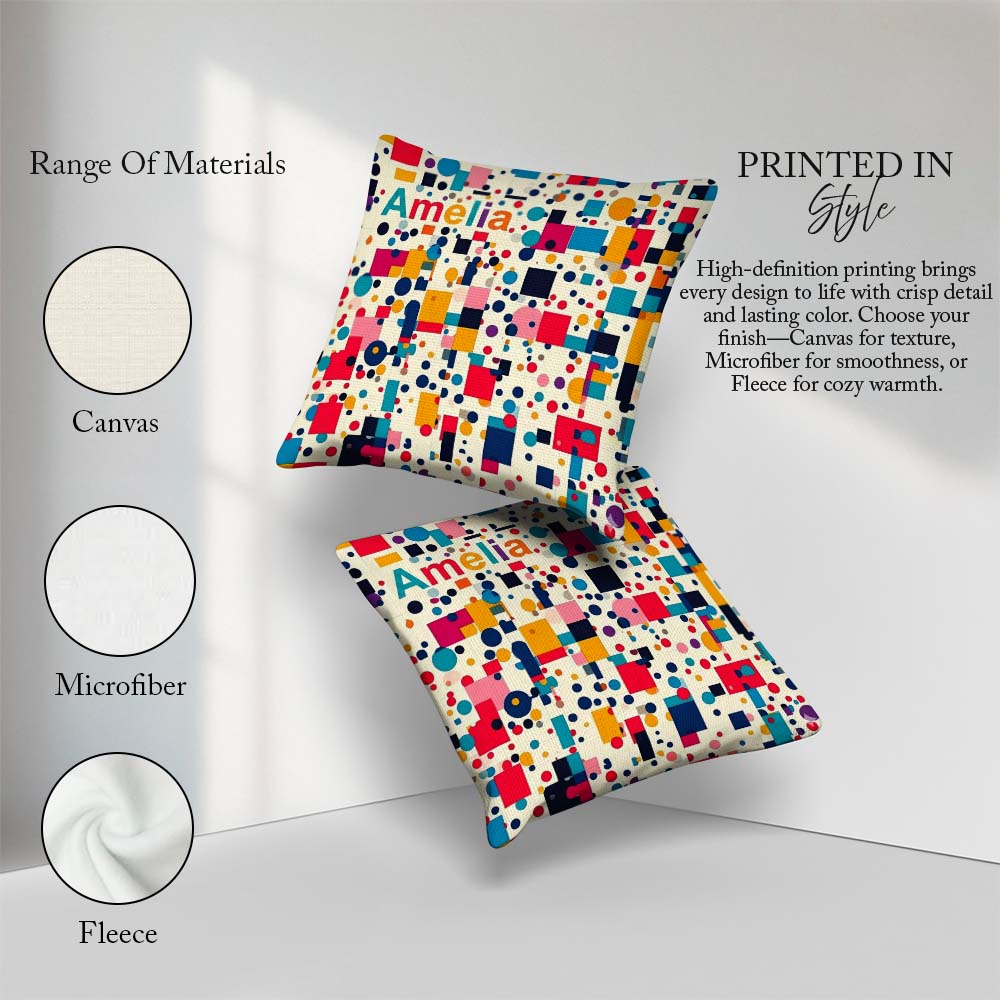 Custom Name Playful Colorful Geometric Dots and Squares Abstract Square Filled Cushion Throw Pillow Sofa Bed Home Decor Zip Washable UK Made