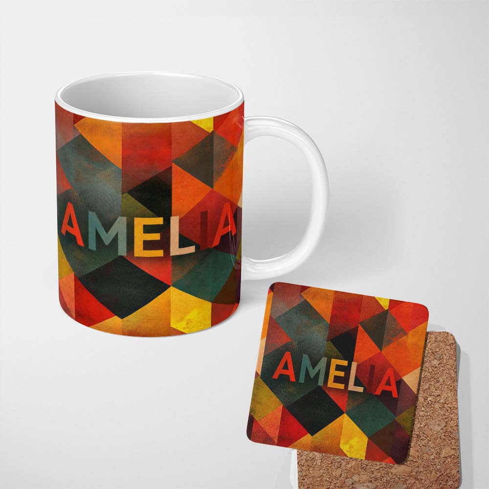 Personalized Custom Name Warm Abstract Polygon Shapes Mid Century Style Pattern Seamless 11oz Ceramic Coffee Tea Mug White Large Handle