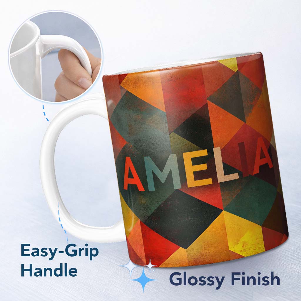 Personalized Custom Name Warm Abstract Polygon Shapes Mid Century Style Pattern Seamless 11oz Ceramic Coffee Tea Mug White Large Handle