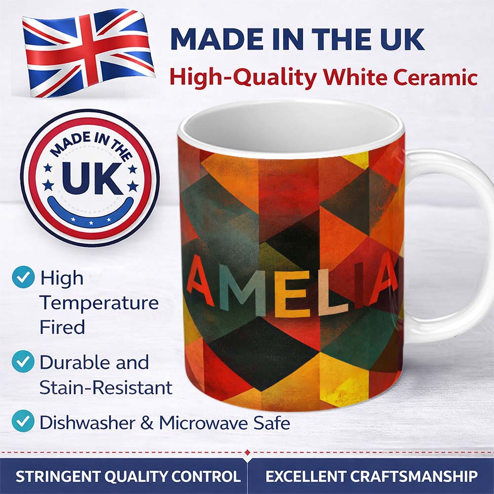 Personalized Custom Name Warm Abstract Polygon Shapes Mid Century Style Pattern Seamless 11oz Ceramic Coffee Tea Mug White Large Handle