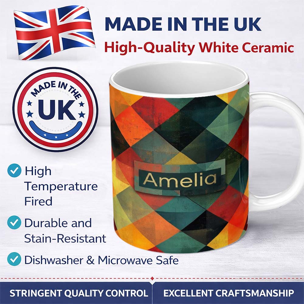 Personalized Custom Name Abstract Organic Shapes Warm Earth Tone Pattern Seamless Name Cute 11oz Ceramic Coffee Tea Mug White Large Handle