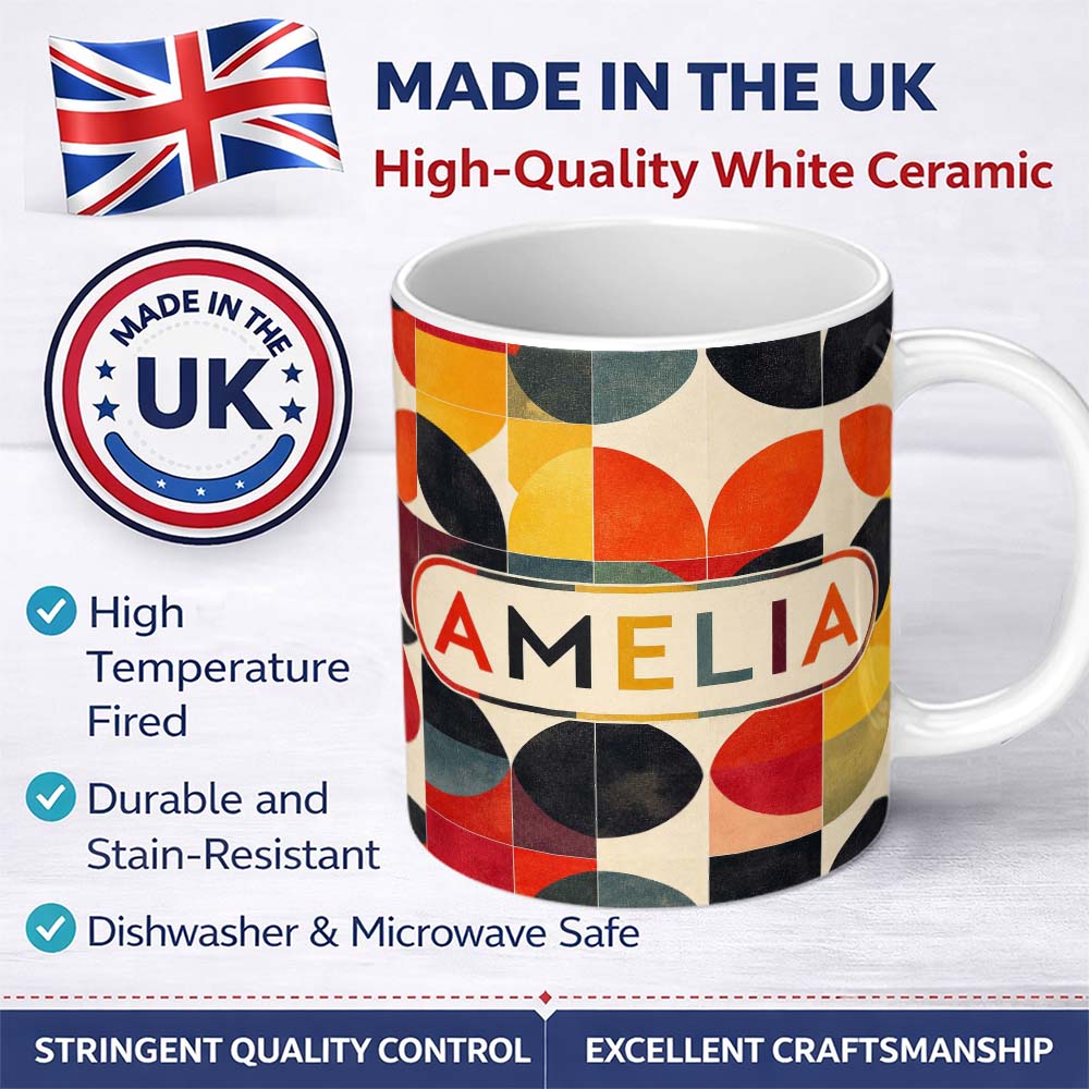 Personalized Custom Name Diamond Geometric Texture Pattern Seamless Name Cute Unique Gift 11oz Ceramic Coffee Tea Mug White Large Handle