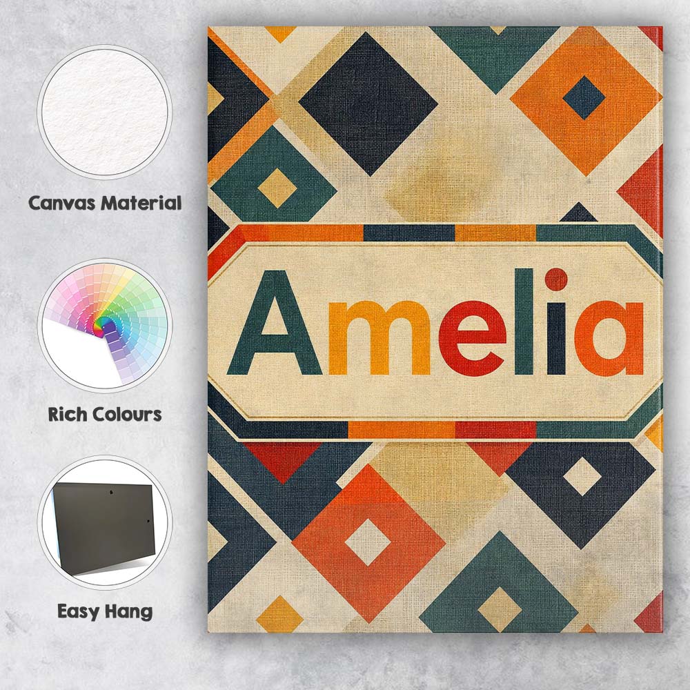 Personalised Name Mid Century Diamond Custom Modern Room Accent Creative Decorator Style Canvas Wall Art Print Decor Picture Ready to Hang