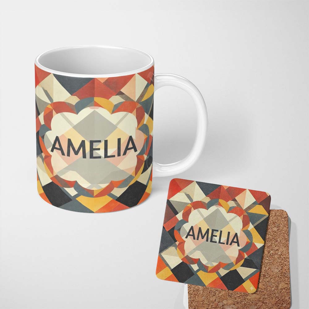 Personalized Custom Name Geometric Diamond Mosaic Pattern Seamless Name Cute Unique Gift 11oz Ceramic Coffee Tea Mug White Large Handle