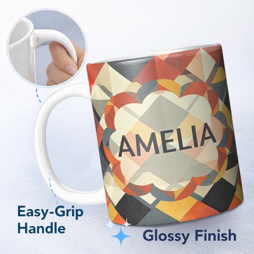 Personalized Custom Name Geometric Diamond Mosaic Pattern Seamless Name Cute Unique Gift 11oz Ceramic Coffee Tea Mug White Large Handle