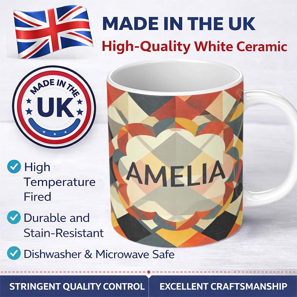 Personalized Custom Name Geometric Diamond Mosaic Pattern Seamless Name Cute Unique Gift 11oz Ceramic Coffee Tea Mug White Large Handle