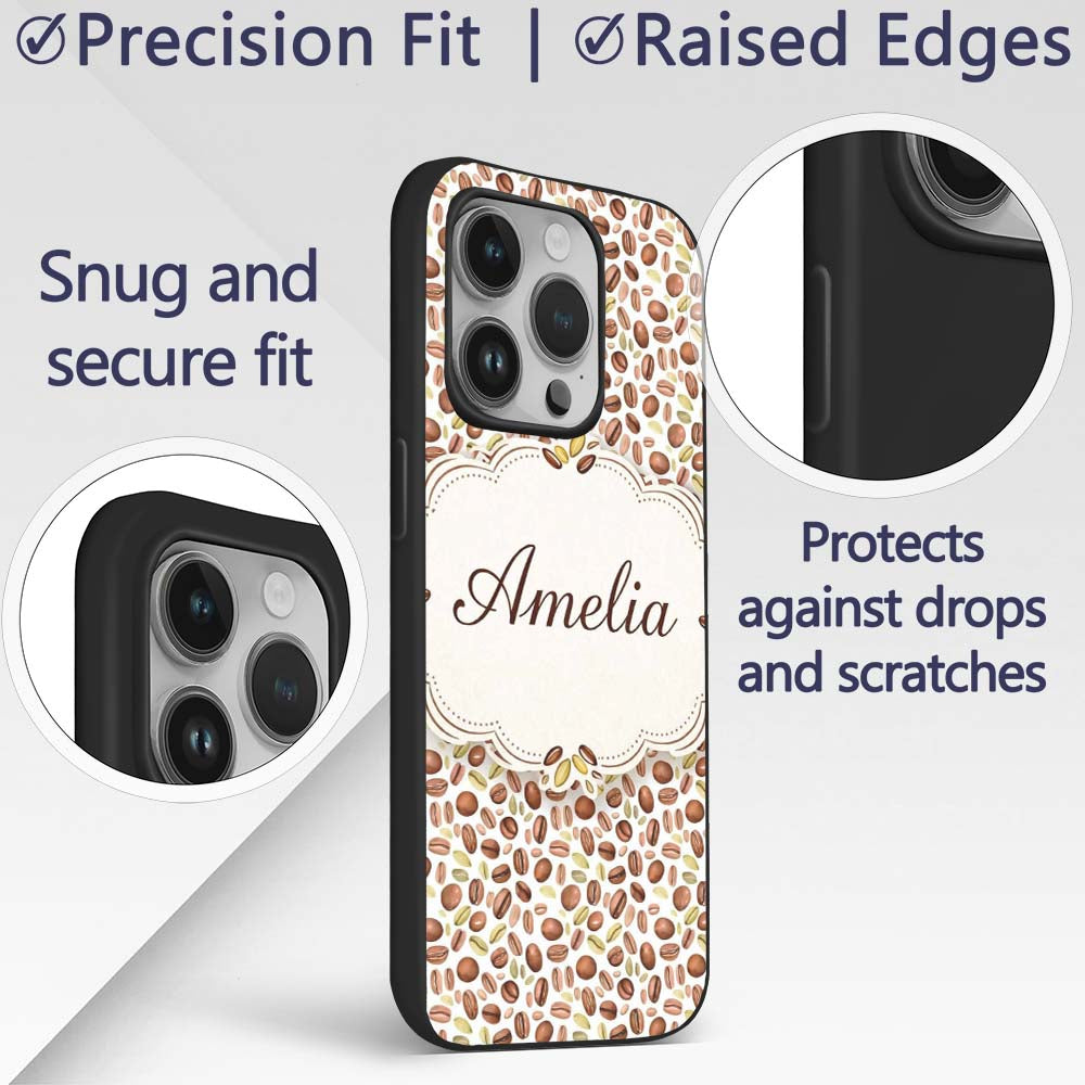 Watercolor Coffee Beans Mixed Seeds Seamless Custom Name Protective Phone Case Mobile Cover Durable Everyday Smartphone Shock Resistant