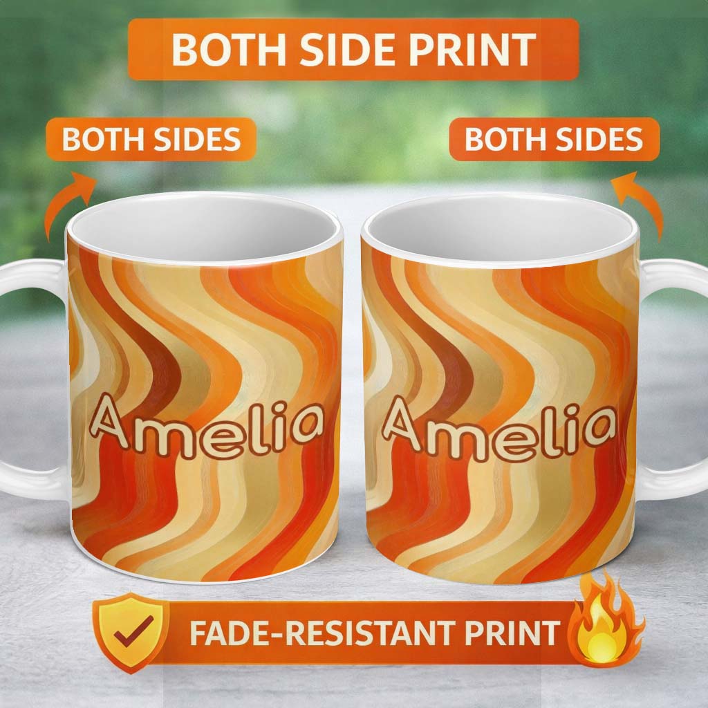 Personalized Custom Name Warm Wavy Stripe Abstract Pattern Seamless Name Cute Unique Gift 11oz Ceramic Coffee Tea Mug White Large Handle