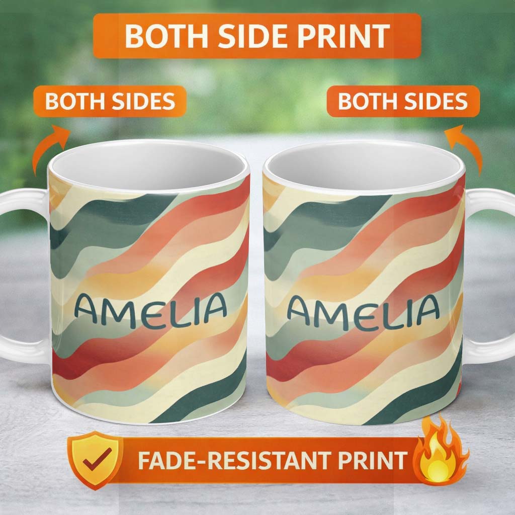 Personalized Custom Name Soft Flowing Wave Abstract Pattern Seamless Name Cute Unique Gift 11oz Ceramic Coffee Tea Mug White Large Handle