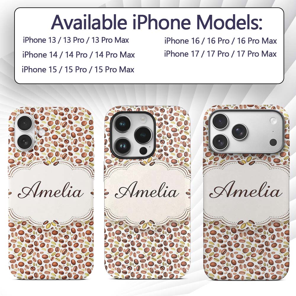 Watercolor Coffee Beans Mixed Seeds Seamless Custom Name Protective Phone Case Mobile Cover Durable Everyday Smartphone Shock Resistant