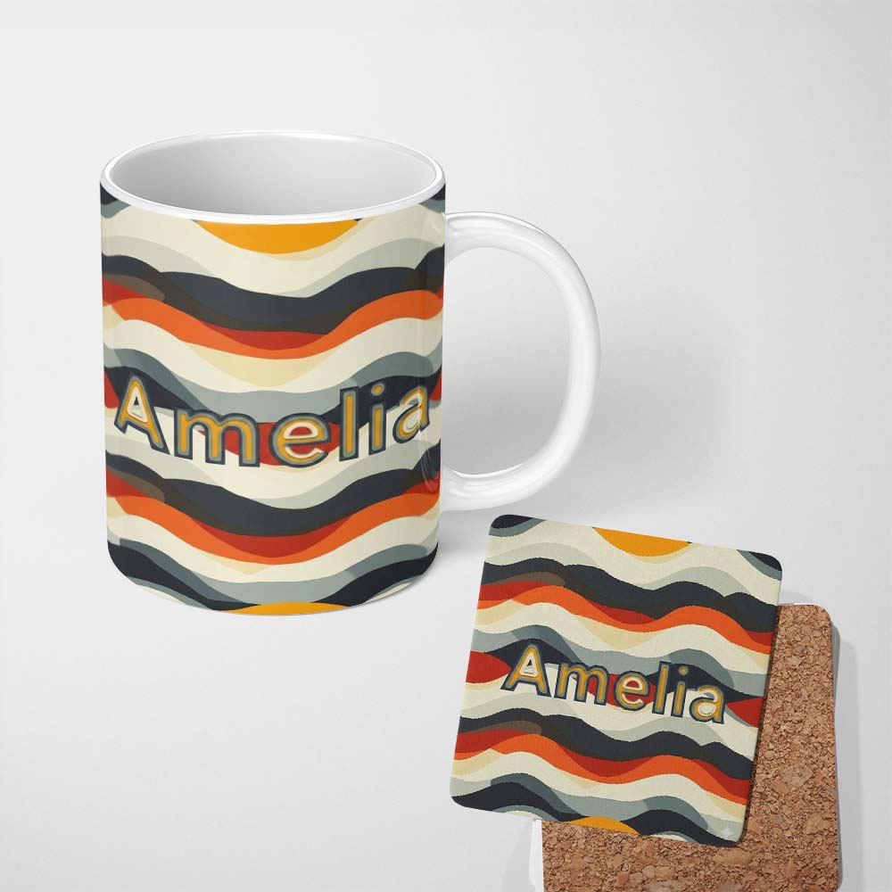 Personalized Custom Name Layered Wave Stripes Minimal Pattern Seamless Custom Name Cute 11oz Ceramic Coffee Tea Mug White Large Handle