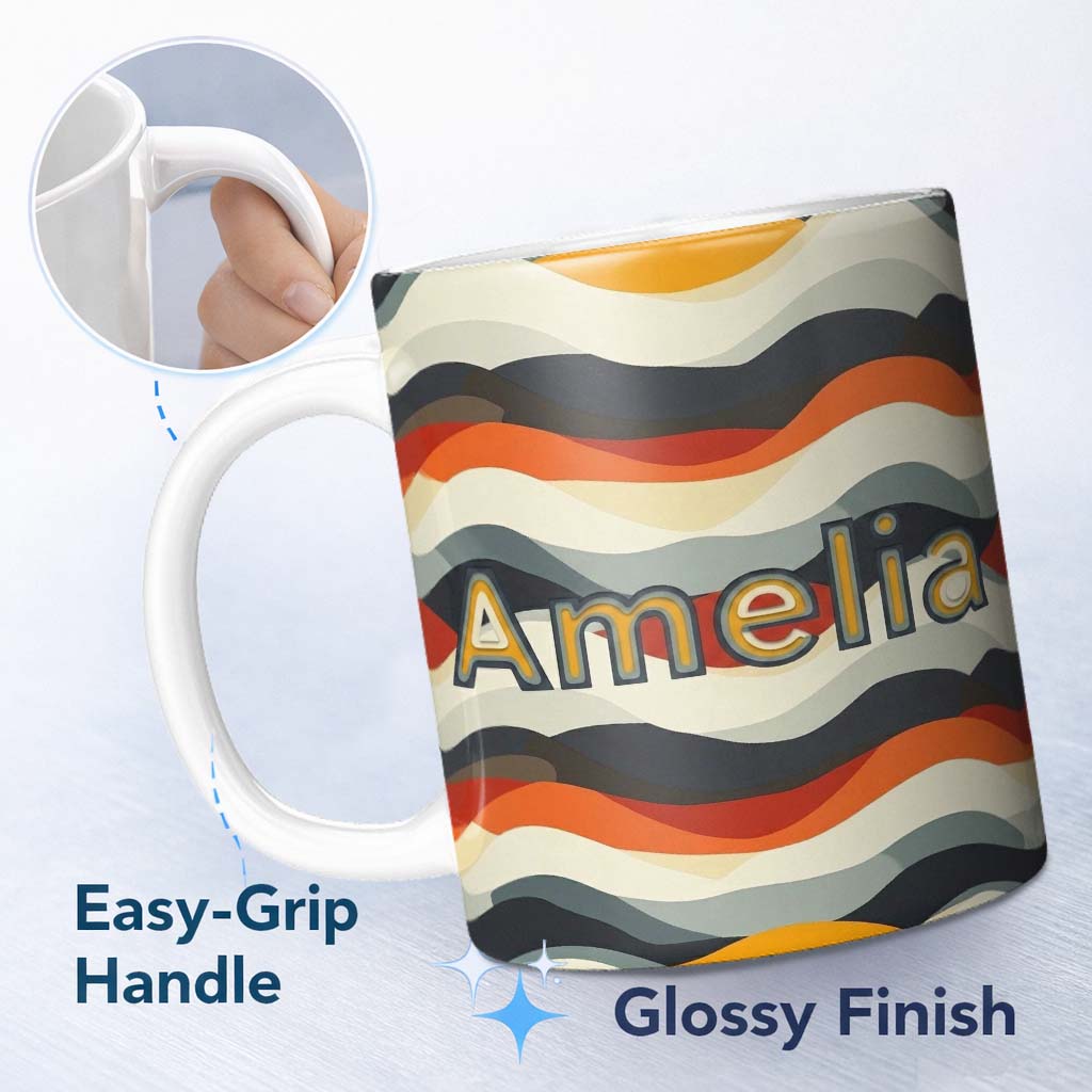 Personalized Custom Name Layered Wave Stripes Minimal Pattern Seamless Custom Name Cute 11oz Ceramic Coffee Tea Mug White Large Handle