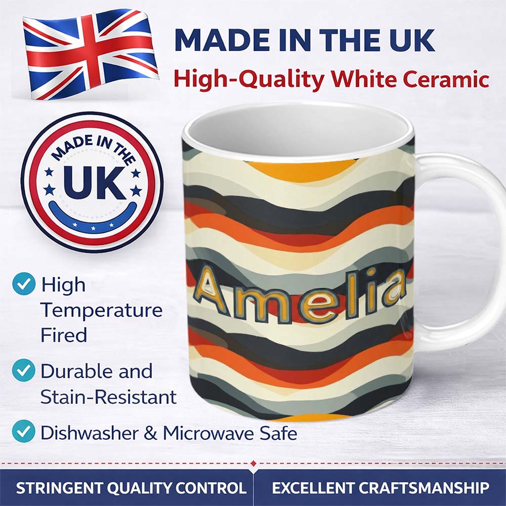 Personalized Custom Name Layered Wave Stripes Minimal Pattern Seamless Custom Name Cute 11oz Ceramic Coffee Tea Mug White Large Handle