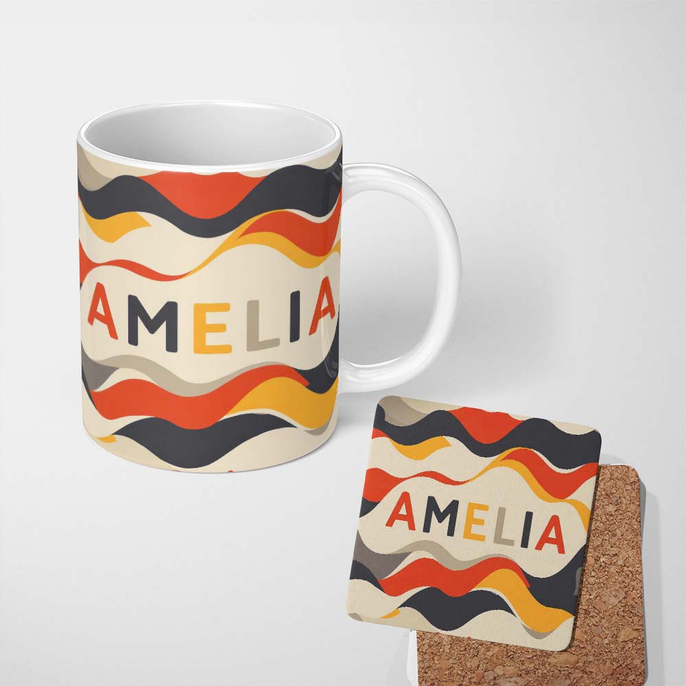 Personalized Custom Name Bold Curved Wave Shapes Pattern Seamless Name Cute Unique Gift 11oz Ceramic Coffee Tea Mug White Large Handle