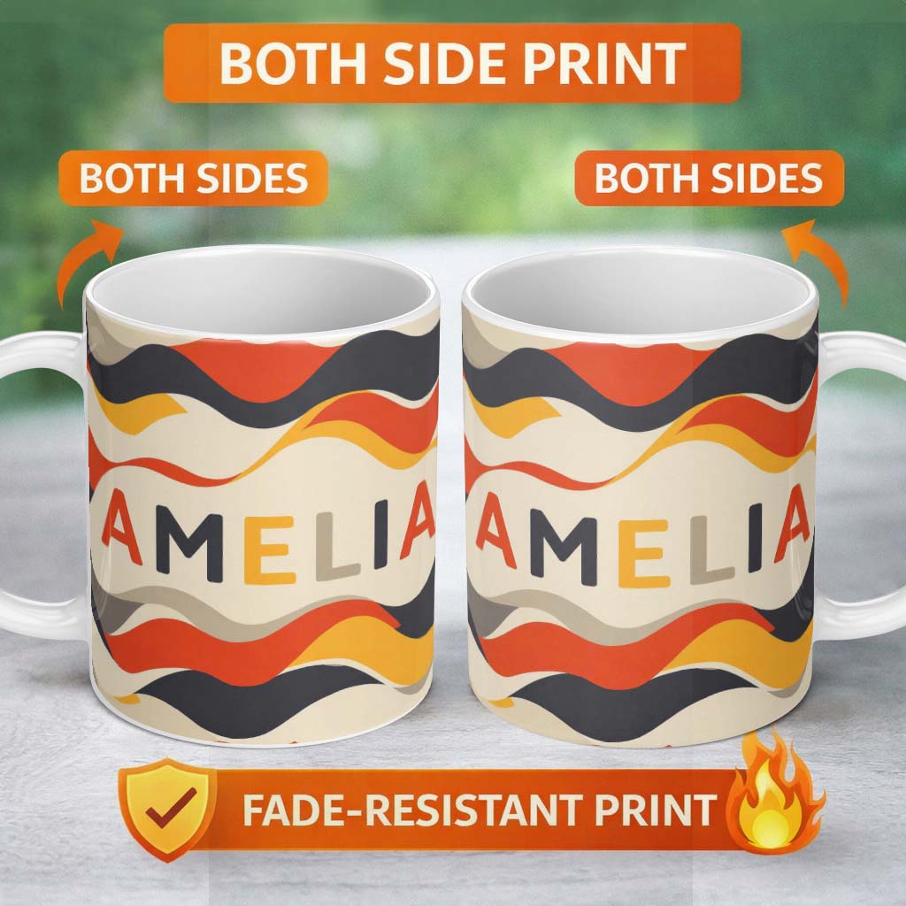Personalized Custom Name Bold Curved Wave Shapes Pattern Seamless Name Cute Unique Gift 11oz Ceramic Coffee Tea Mug White Large Handle