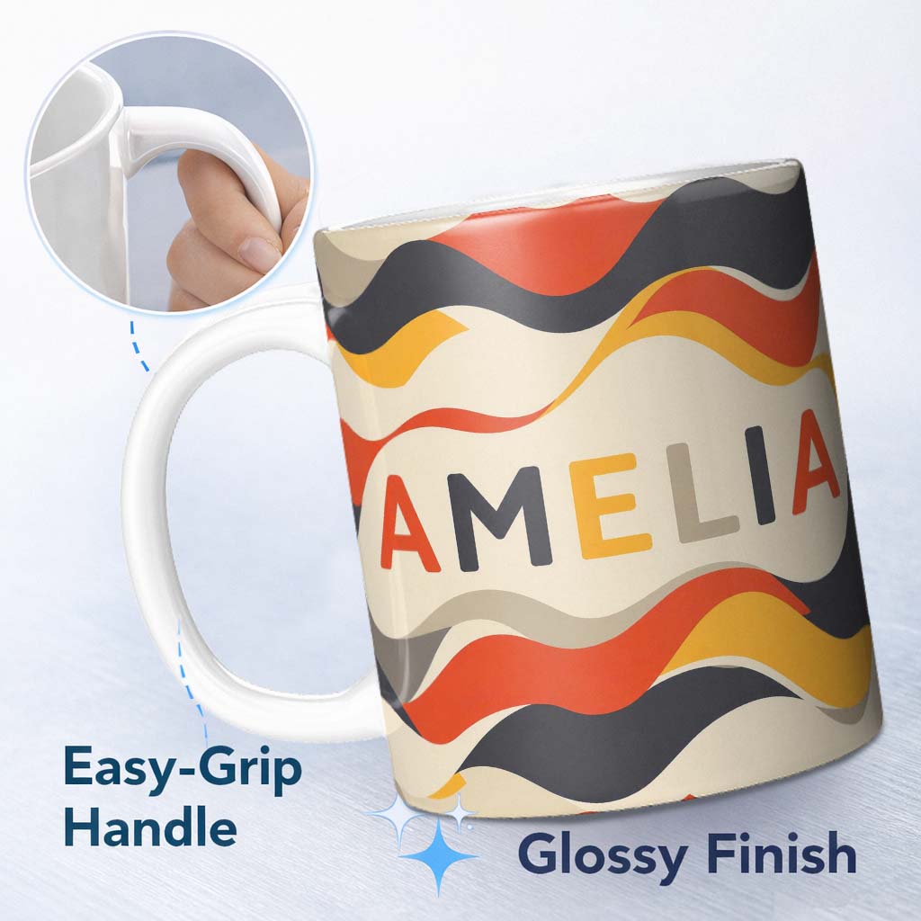 Personalized Custom Name Bold Curved Wave Shapes Pattern Seamless Name Cute Unique Gift 11oz Ceramic Coffee Tea Mug White Large Handle