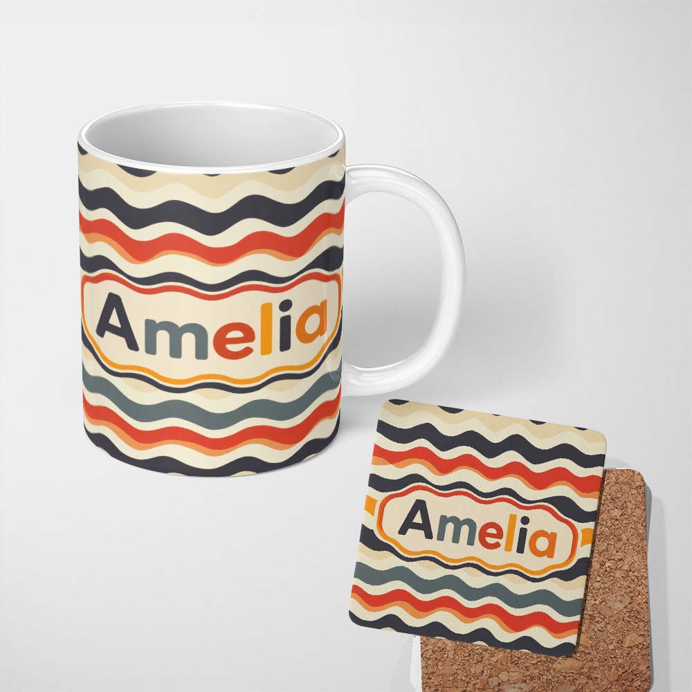 Personalized Custom Name Classic Wavy Stripe Repeating Pattern Seamless Name Cute Unique Gift 11oz Ceramic Coffee Tea Mug White Large Handle