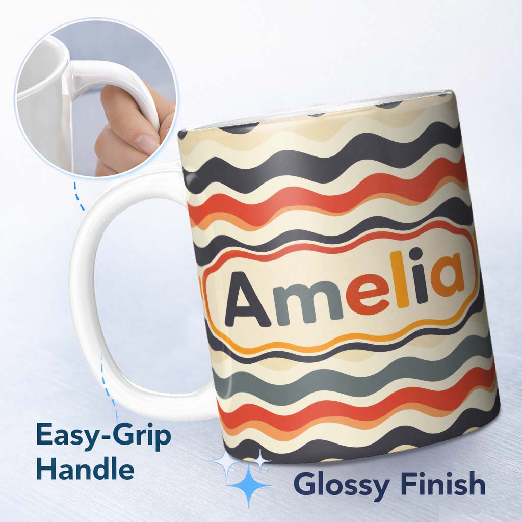 Personalized Custom Name Classic Wavy Stripe Repeating Pattern Seamless Name Cute Unique Gift 11oz Ceramic Coffee Tea Mug White Large Handle
