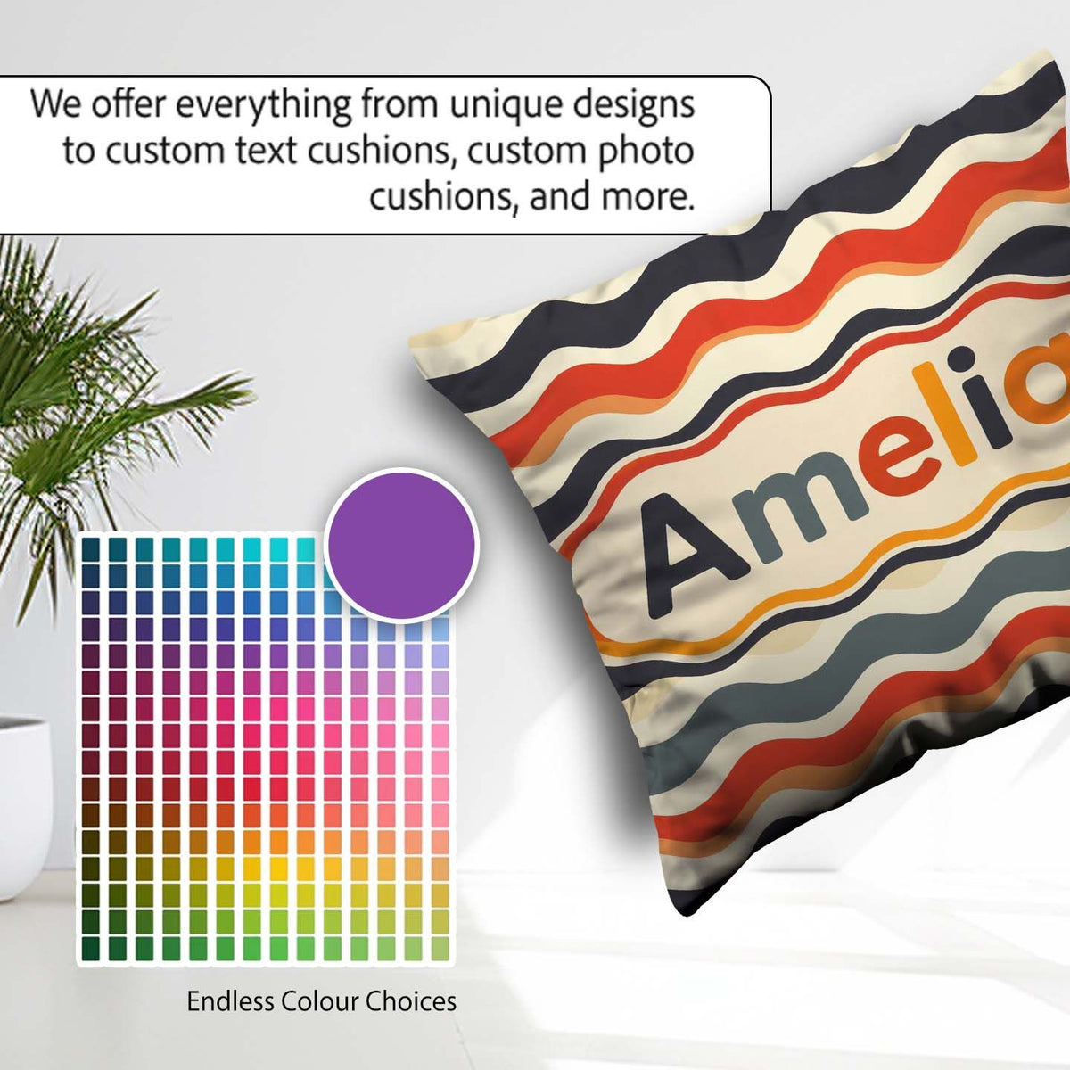 Custom Name Classic Wavy Stripe Repeating Pattern Seamless Name Square Filled Cushion Throw Pillow Sofa Bed Home Decor Zip Washable UK Made