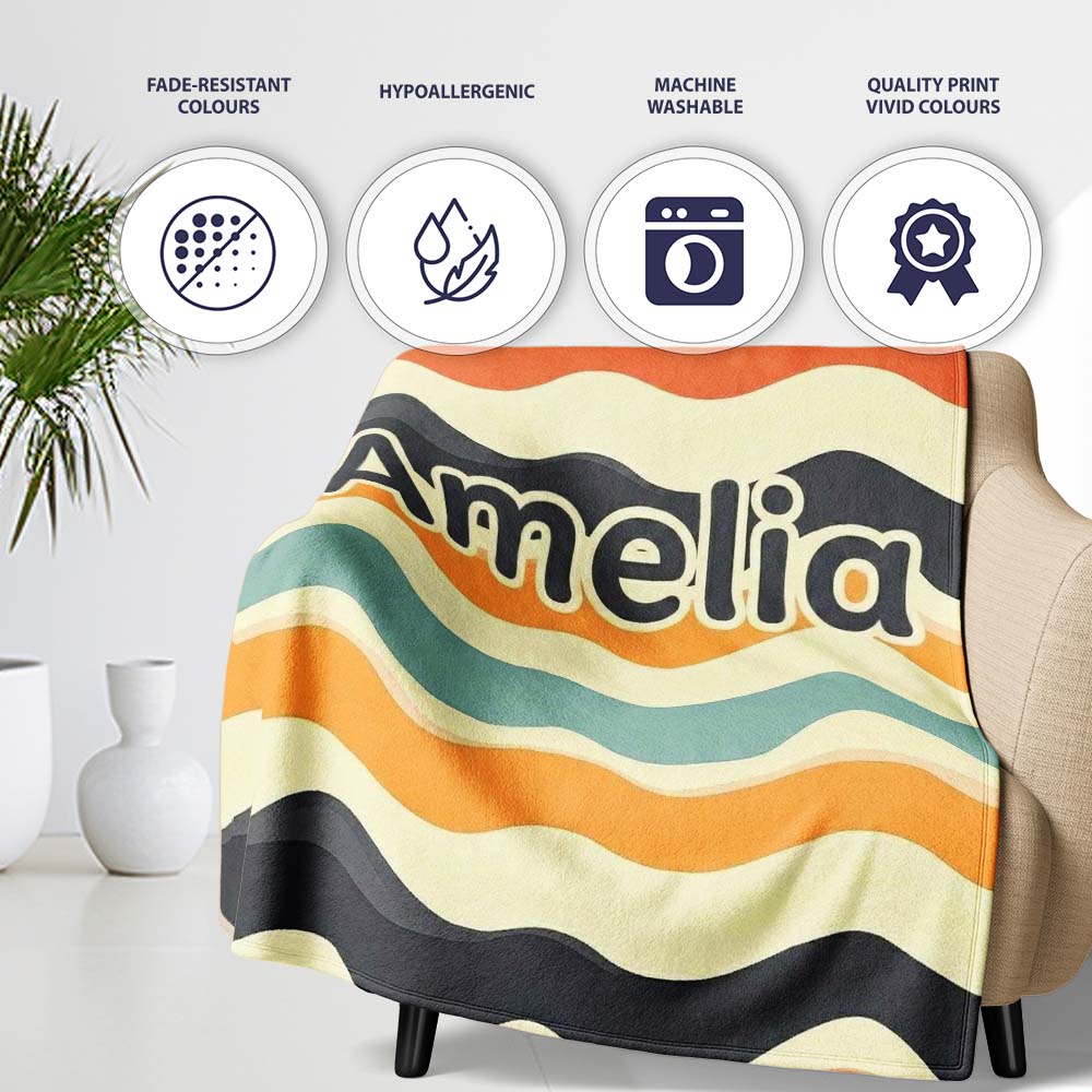 Soft Gradient Wave Lines Pattern Seamless Name Cute Unique Gift Personalised Custom Name Super Soft Fleece Blanket Bed Sofa Throw